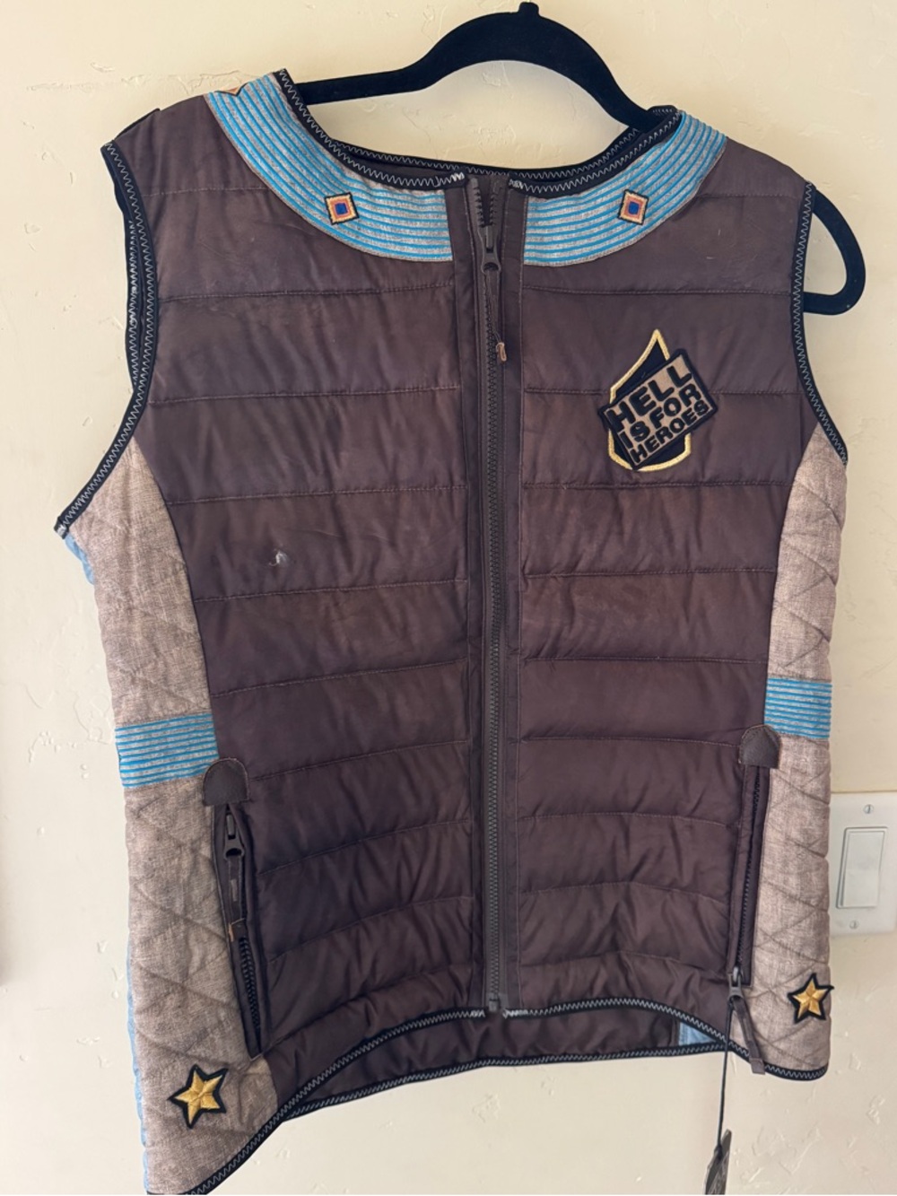 HELL FOR HEROES Quilted Down Brown Vest with Light Blue Trim (has slight hole)